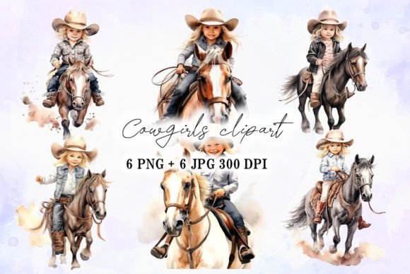 Baby Cowgirl Riding Horse Watercolor Illustrations for Crafters