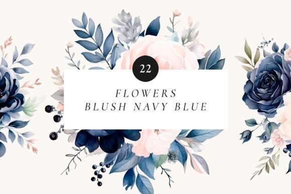 Blush Navy Blue Flowers PNG Watercolor Illustrations