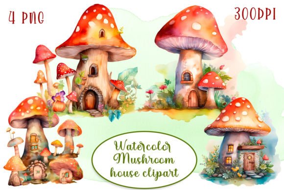 Fairy Mushroom House Watercolor Clipart for Etsy & Digital Product Sellers