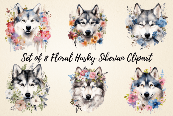 Floral Husky Siberian Watercolor Clipart for Etsy & Digital Sellers
