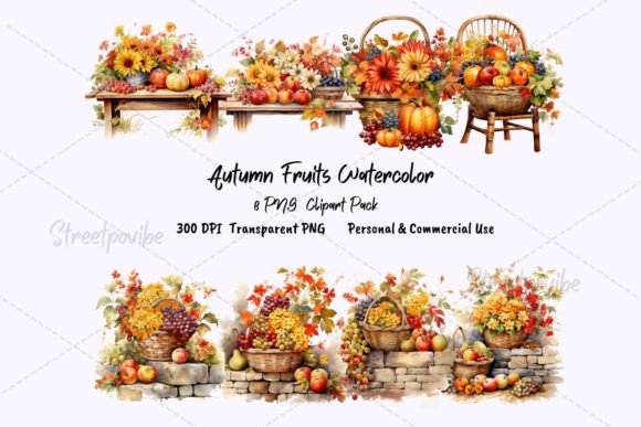 Fruit Autumn Watercolor Clipart PNG Pack for Branding & Marketing Illustrations