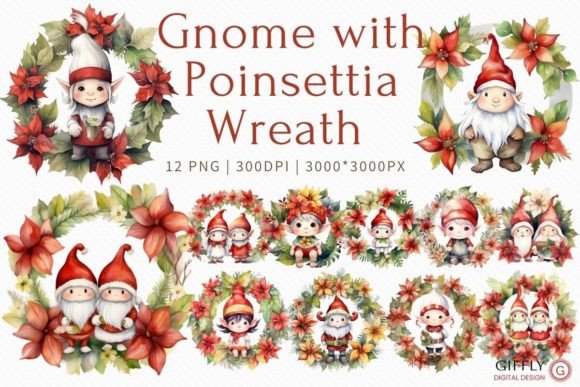 Gnome with Poinsettia Wreath Watercolor Adds Holiday Cheer to Blog Graphics