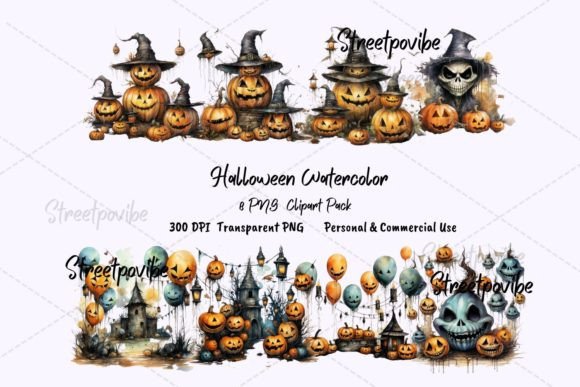 Halloween Watercolor Cliparts PNG Pack: Festive Illustrations for Local Branding