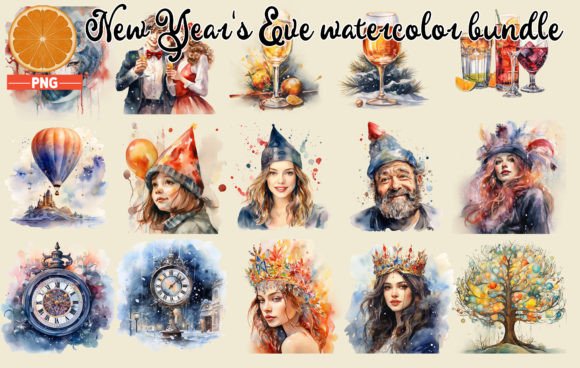 New Year's Eve Watercolor Bundle: Festive Illustrations for Content Publishing