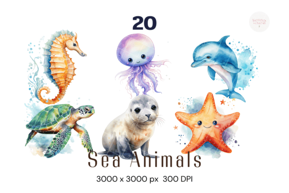 Sea Animals Watercolor PNG Clipart: Real Illustrations
