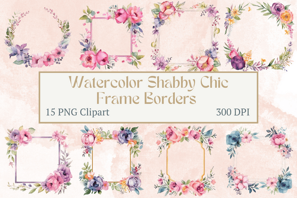 Shabby Chic Watercolor Pink Floral Frame Illustrations