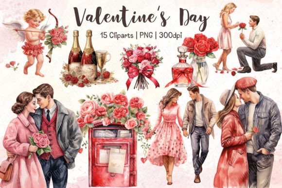 Valentines Day Watercolor Illustrations for Sublimation Crafting
