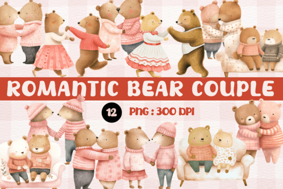 Watercolor Romantic Bear Couple Clipart Illustrations