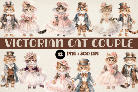Watercolor Victorian Cat Couple Clipart Illustrations