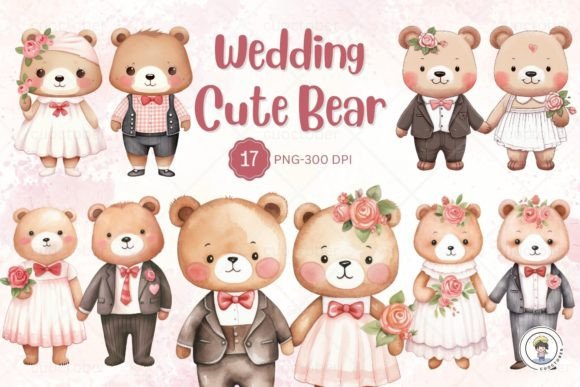 Watercolor Wedding Couple Bear Clipart in Illustrations