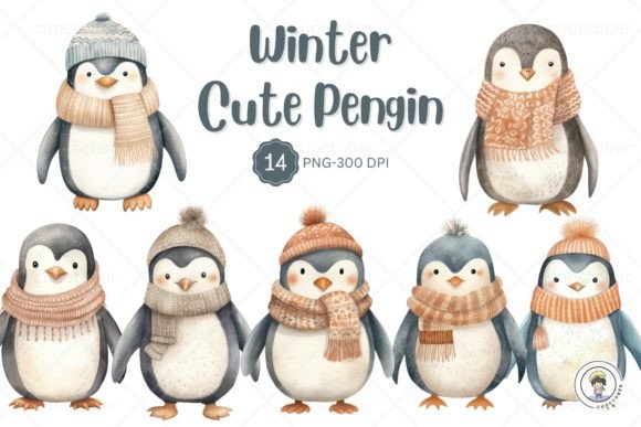 Watercolor Winter Cute Pengin Clipart: Festive Illustrations for Local Business Branding