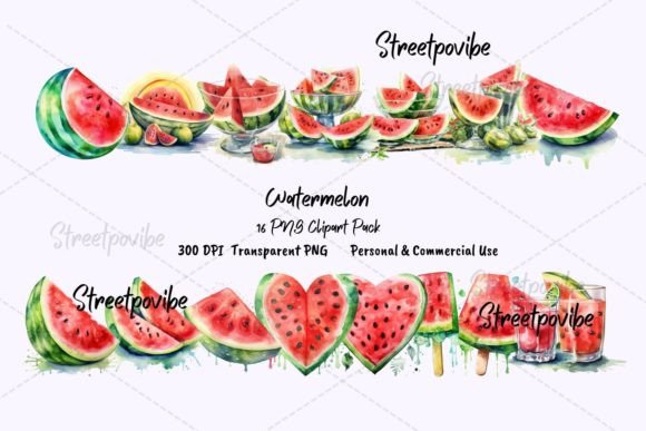 Watermelon Watercolor Clipart PNG Pack Illustrations