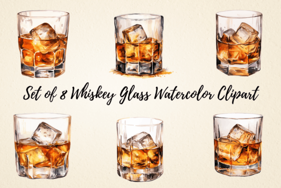 Whiskey Glass Watercolor Clipart: Editorial Illustrations