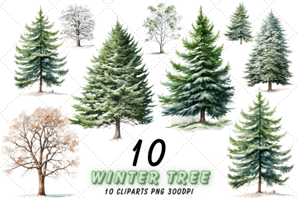 Winter Tree Watercolor Clipart Bundle for Real Crafting & Handmade Business Use